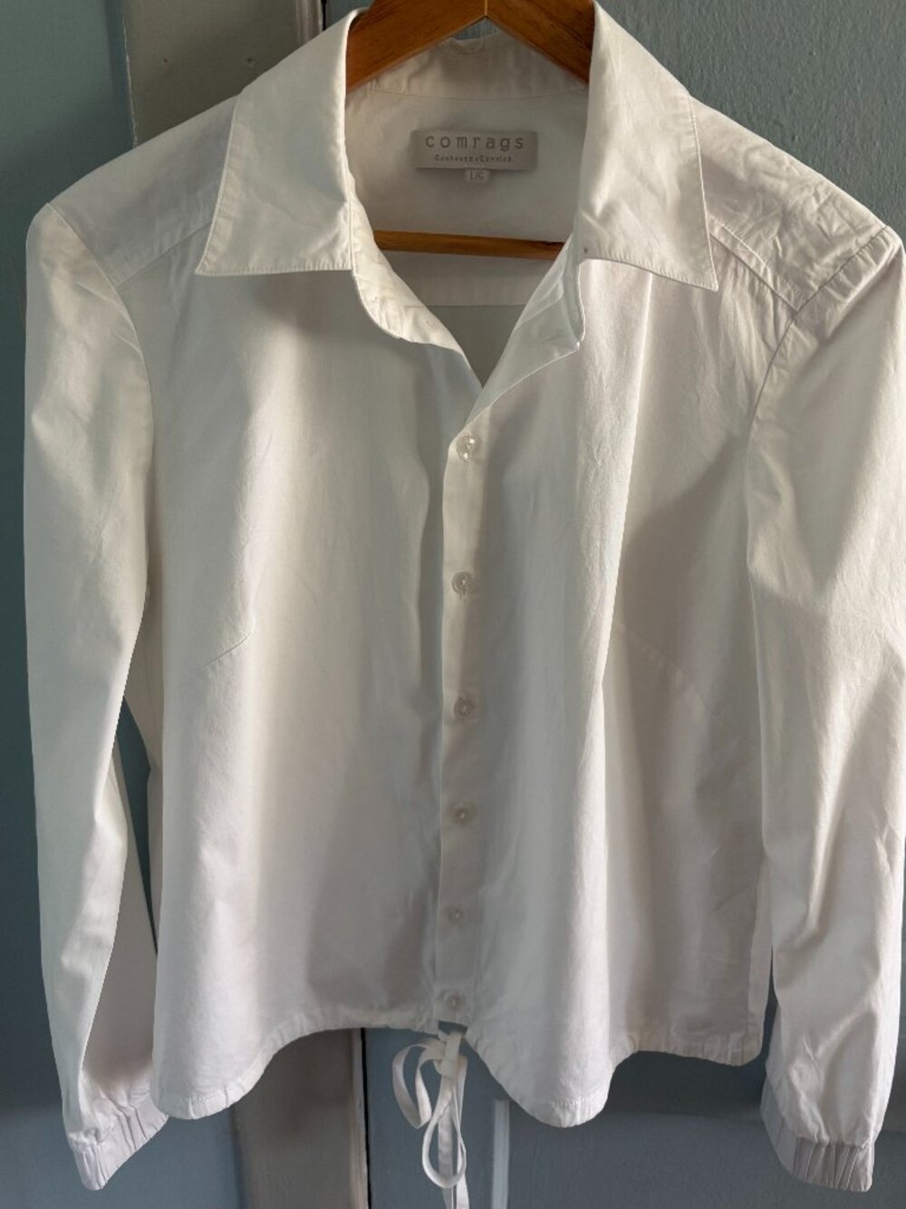 Comrags White Cotton Long Sleeve Drawstring Shirt - Size Large
